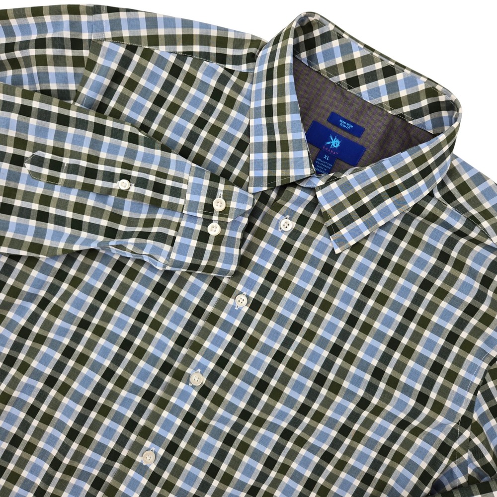 Egara XL Button Down Shirt Mens Slim Fit Green Blue Check Non-Iron Stretch